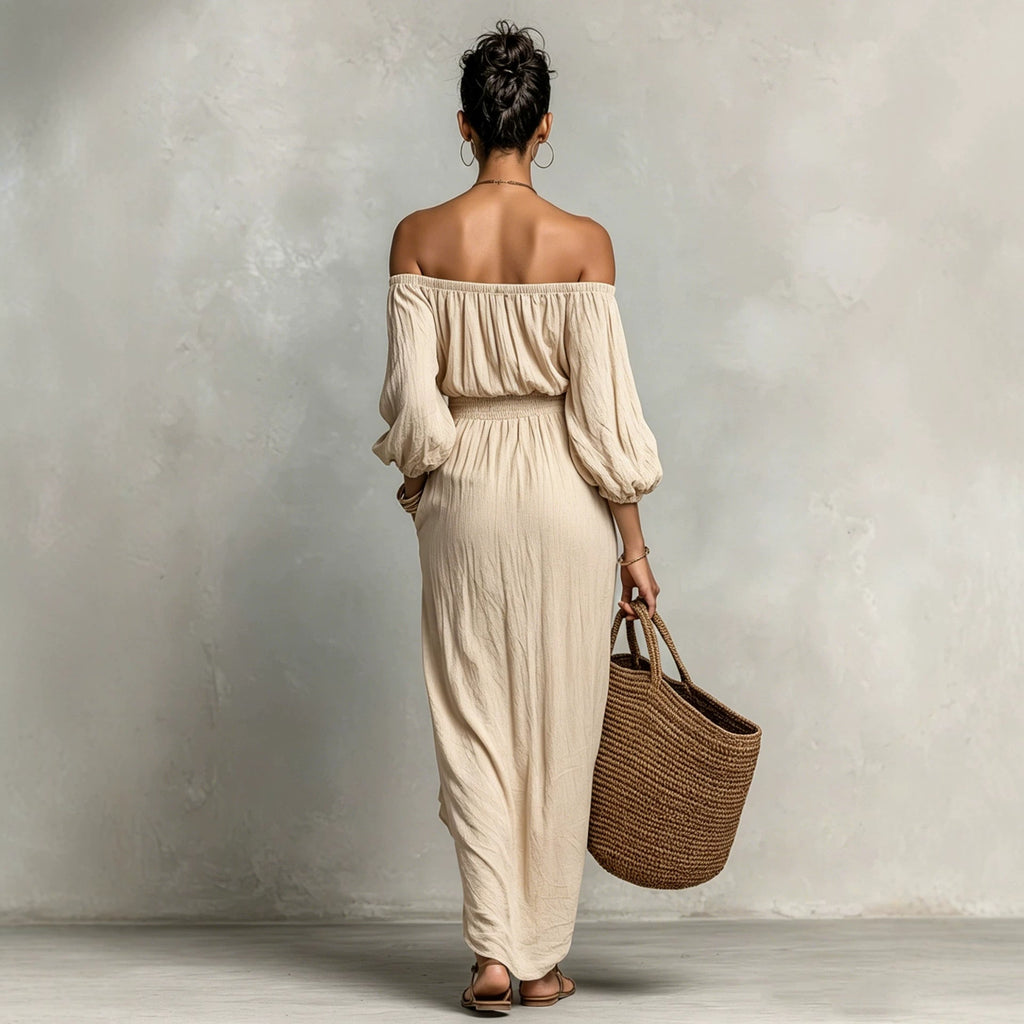 Women Clothing Summer Waist Puff Sleeve Vacation Dress French Casual Dress Apricot off the Shoulder Jumpsuit