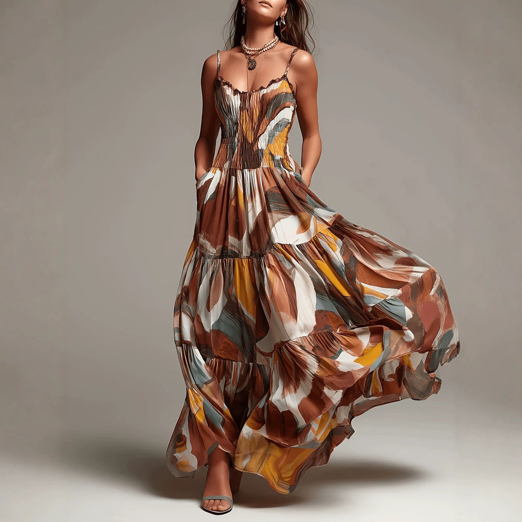 Abstract Printing Layered Maxi Dress Bohemian Spaghetti Strap Pleated Waist Pocket Dress