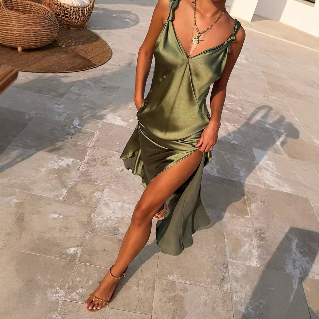 Spring Summer Satin Sleeveless Split Dress Casual Vacation Women Dress