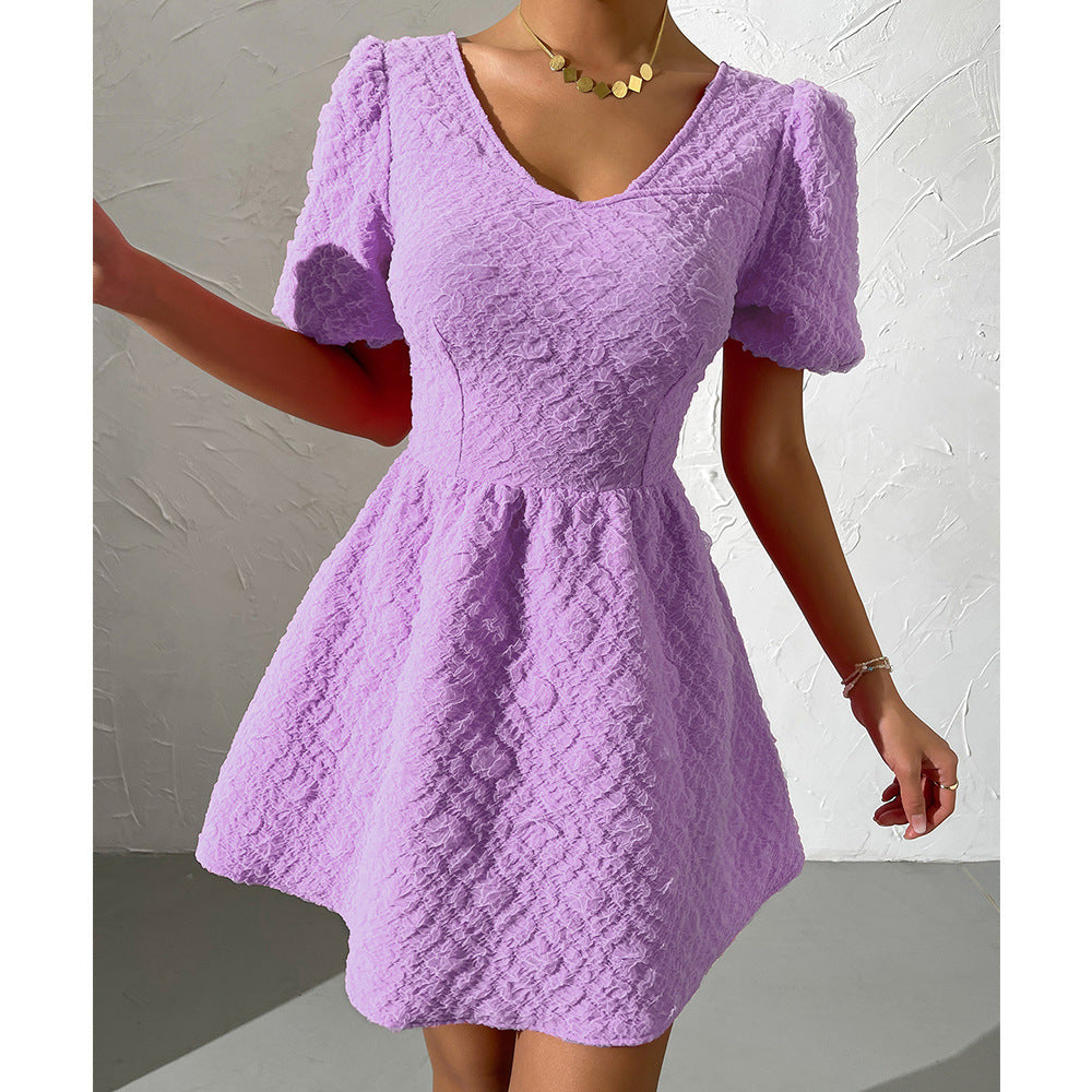 Summer Women Clothing Solid Color V neck Puff Sleeve Short Sleeve Dress for Women