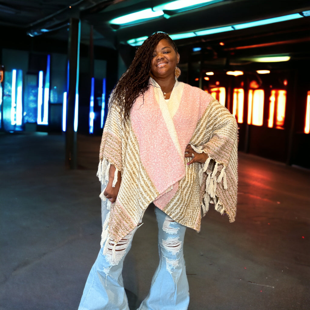 Women’s One Size Pink And Beige Poncho