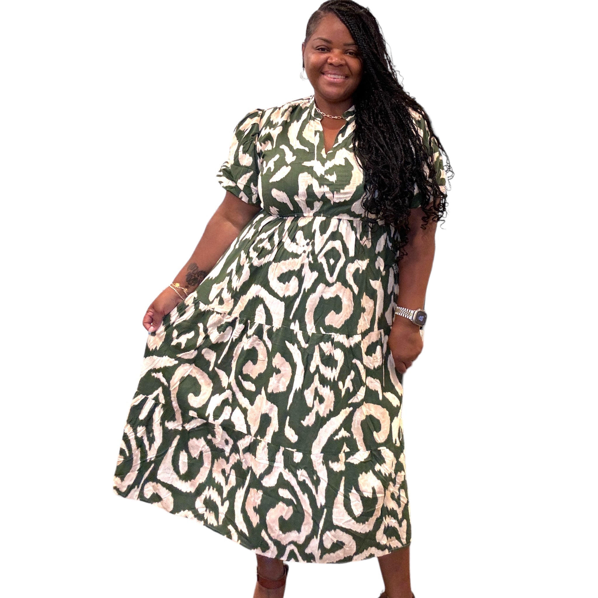 Linen Olive and Cream Plus Size Maxi Dress