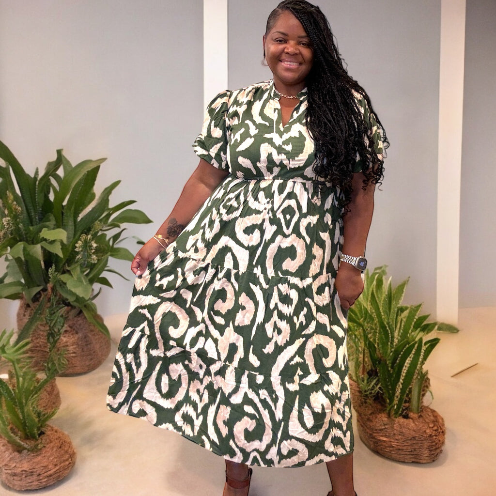 Linen Olive and Cream Plus Size Maxi Dress