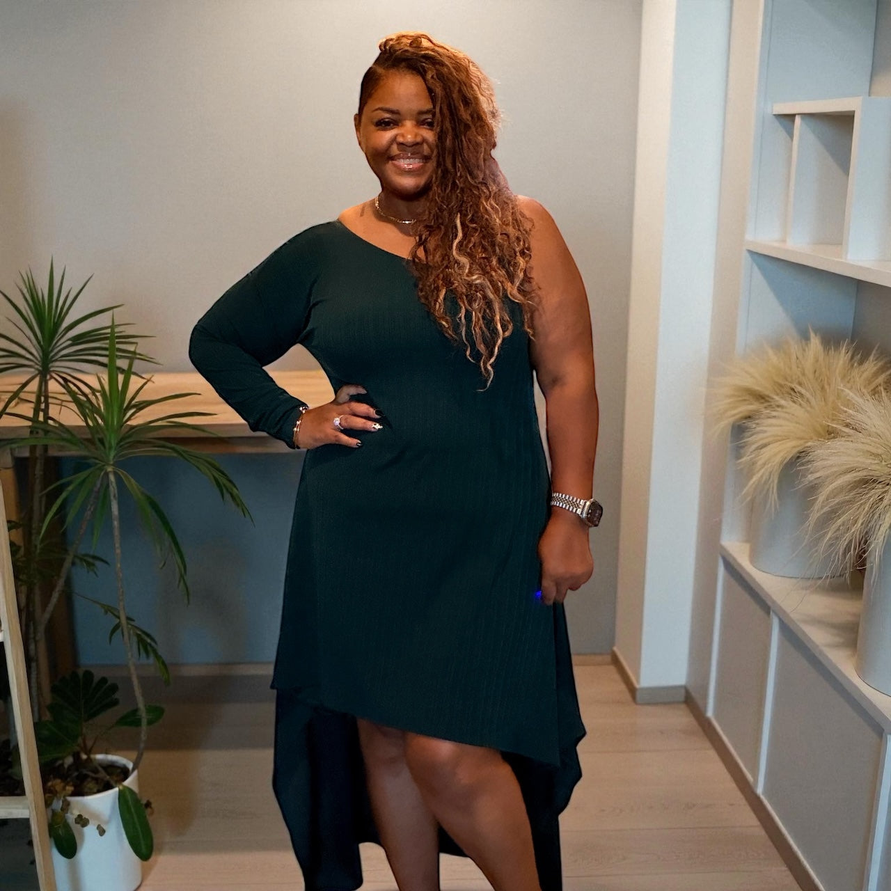 Plus Size Women’s Emerald Green One Shoulder Dress
