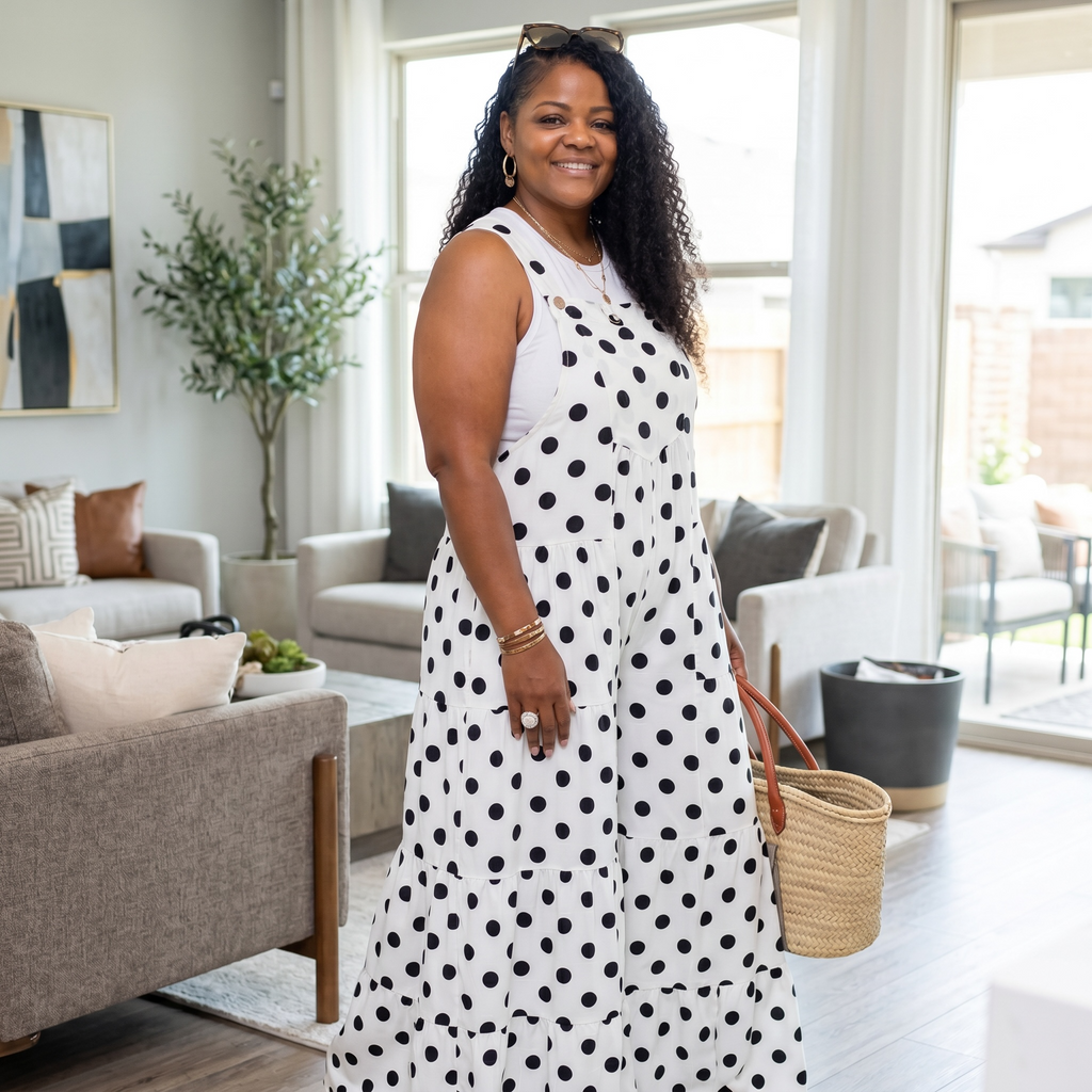 Womens Plus SIze Polka Dot Wide Leg Jumpsuit