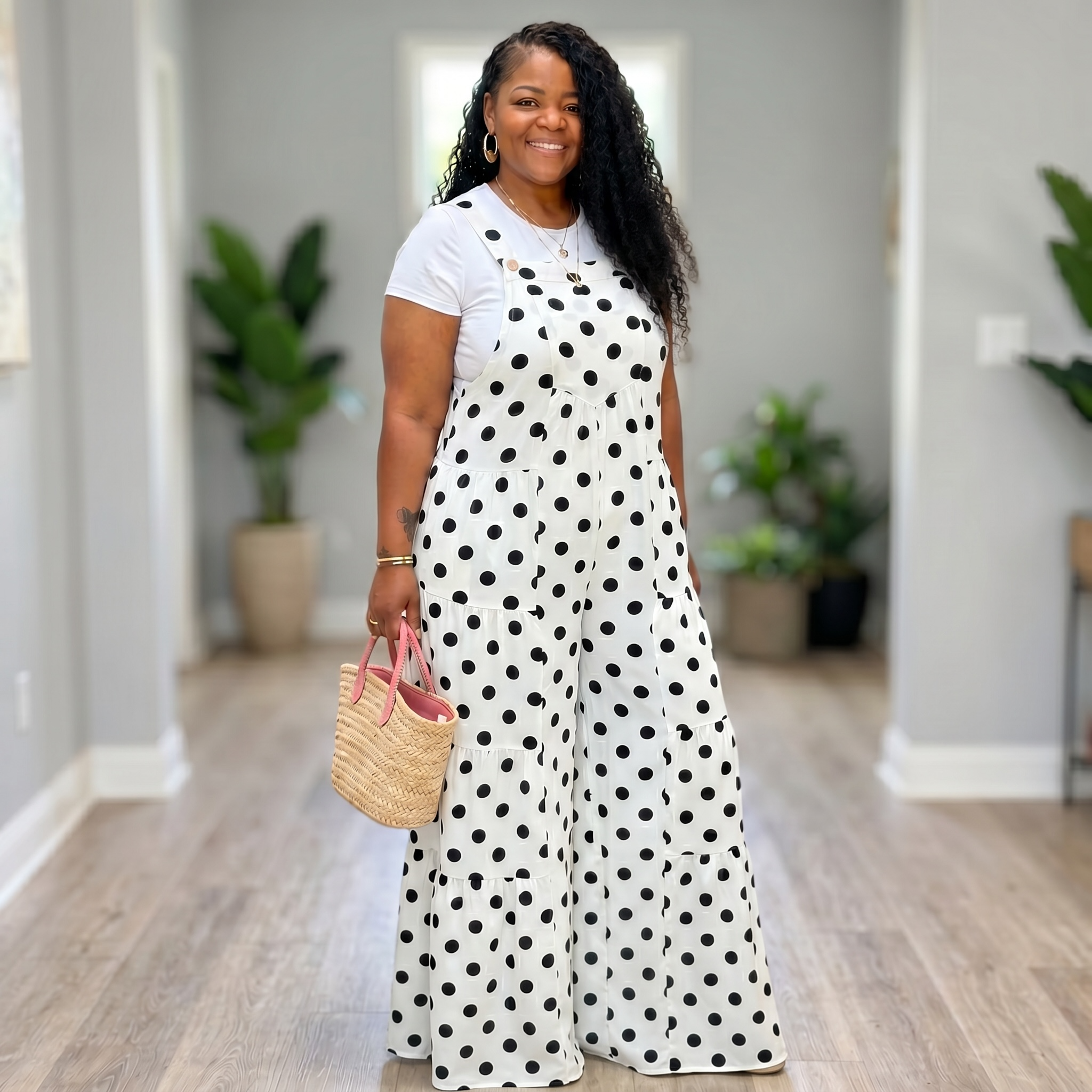 Womens Plus SIze Polka Dot Wide Leg Jumpsuit