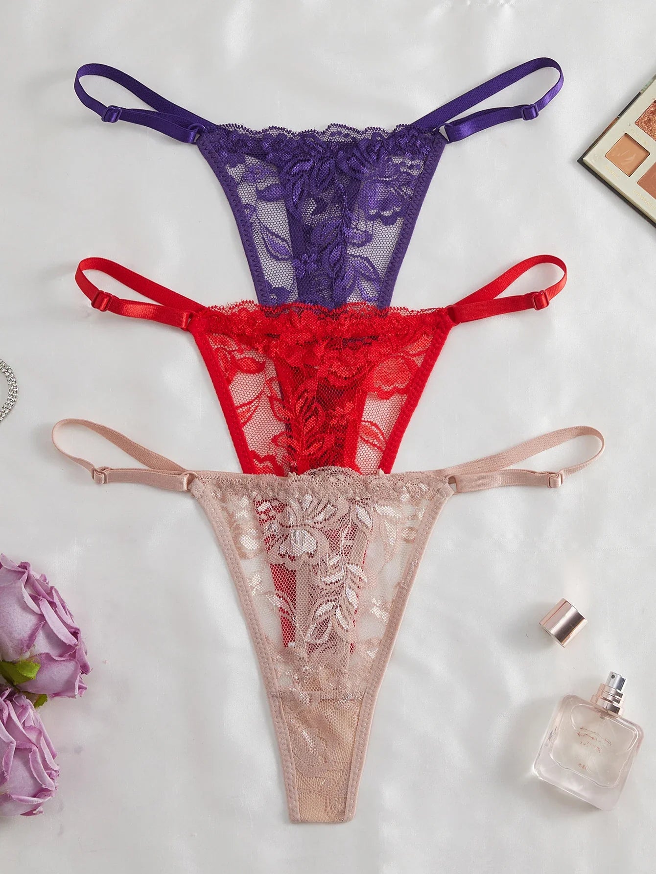 3-Pack Sexy Lace Women's Panties Adjustable Waistband Semi-Transparent Sexy Floral Lace Women's Sexy Lingerie Underwear