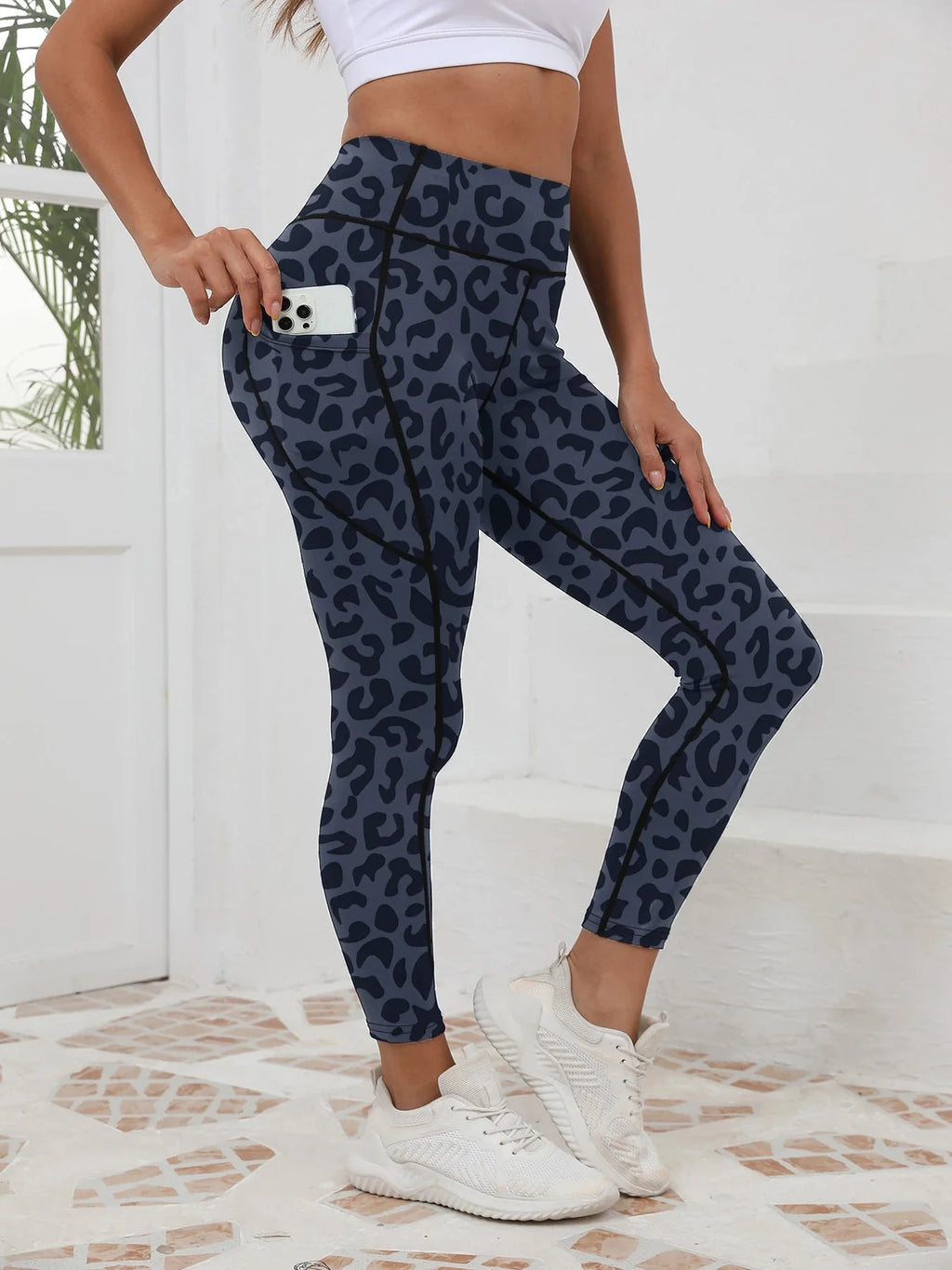 Printed High-Waist Pocket Fitness Pants Women