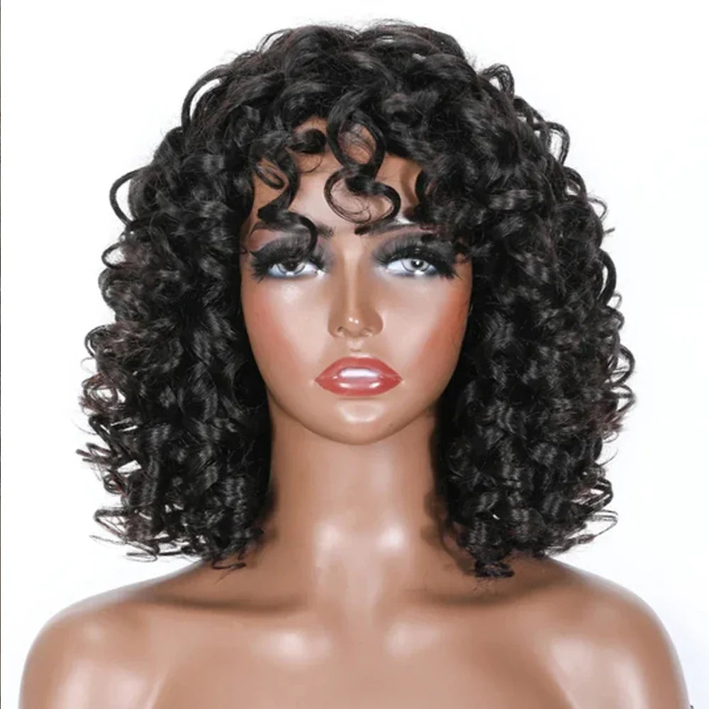Bob Wig with Bangs Afro Bouncey Kinky Curls Brazilian Virgin Human Hair Glueless