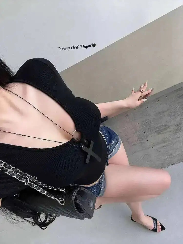 Hot Girl Sexy Hollow V-neck Tight Look Slimming Chest Cushion Short Sleeve Jumpsuit T-shirt Top Body Suits Fashion Women 256M