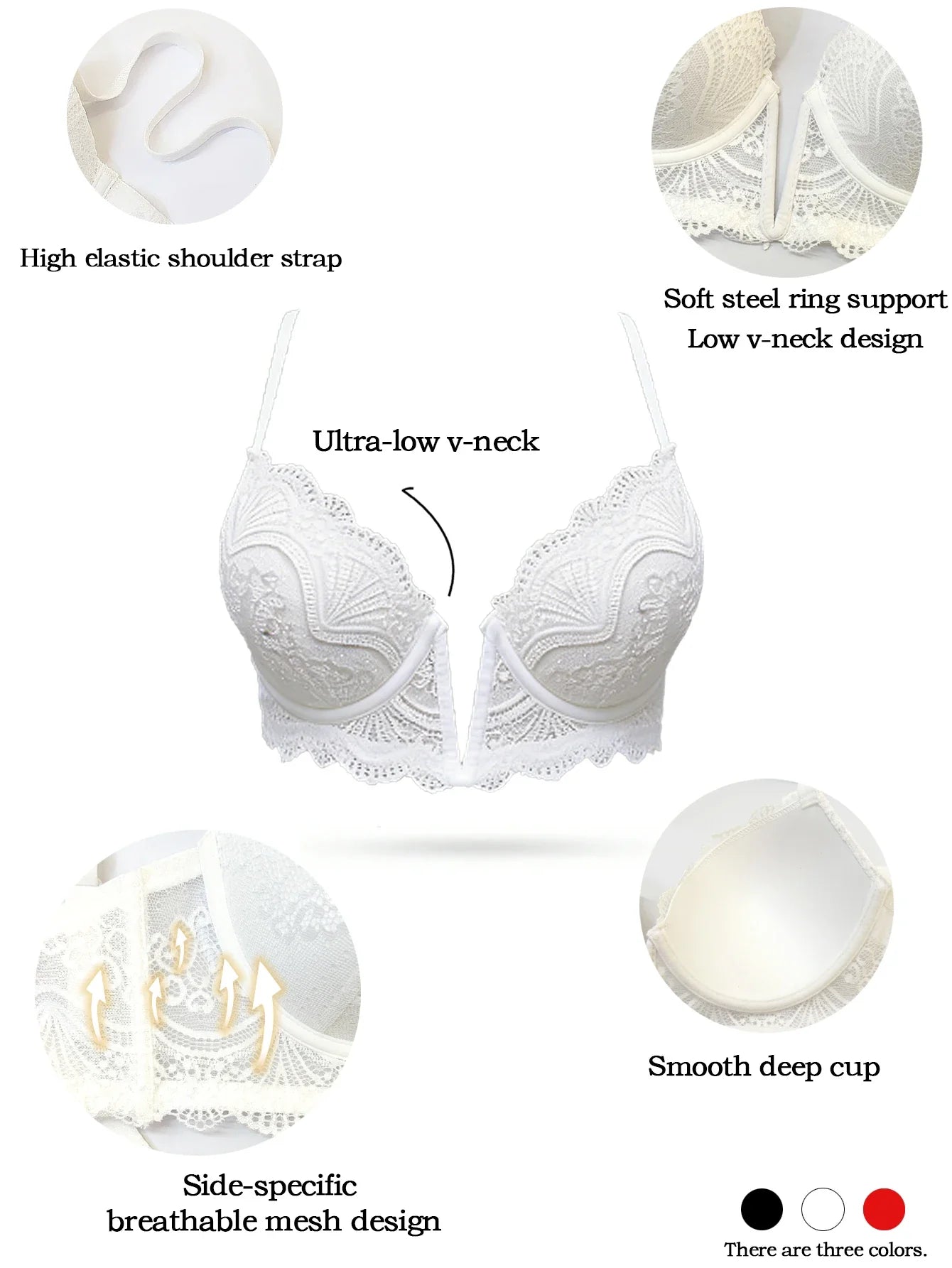 French Women's Lace Trim Bra Sexy Plunge Push Up Underwire Bra Chic & Elegant Ladies Lingerie Underwear