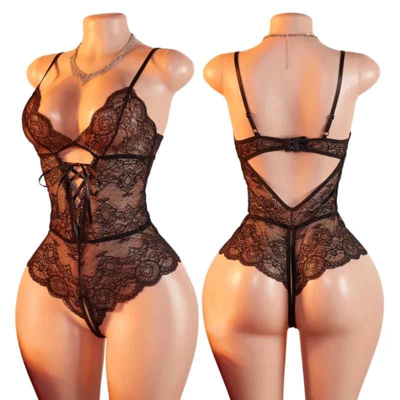 Transparent Bodysuits Lingerie Women Lace Hollow Bra Set Adult Erotic Costume Baby Doll Dress Deep V Open Bra Thin Underwear Set