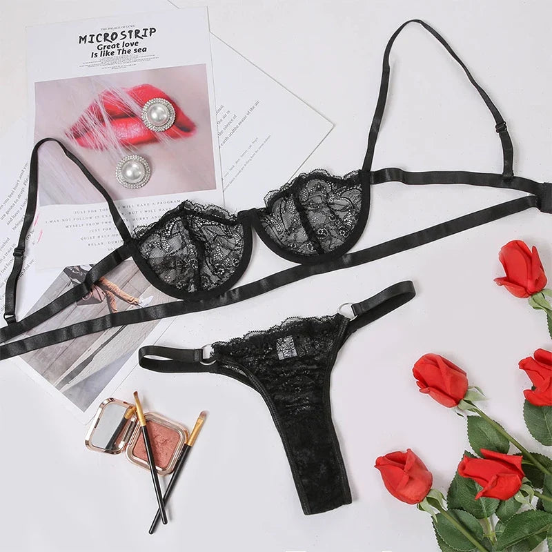 Sexy Lace Bra And Thong Set Woman Porn Fancy Sensual Luxury Lingerie  Transparent Underwear Exotic Sets For Women's Panty Set