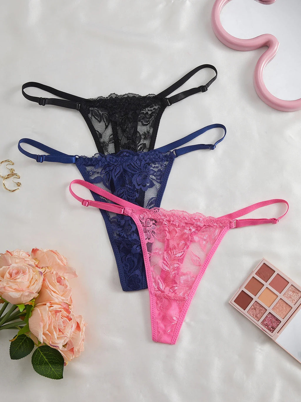 3-Pack Sexy Lace Women's Panties Adjustable Waistband Semi-Transparent Sexy Floral Lace Women's Sexy Lingerie Underwear