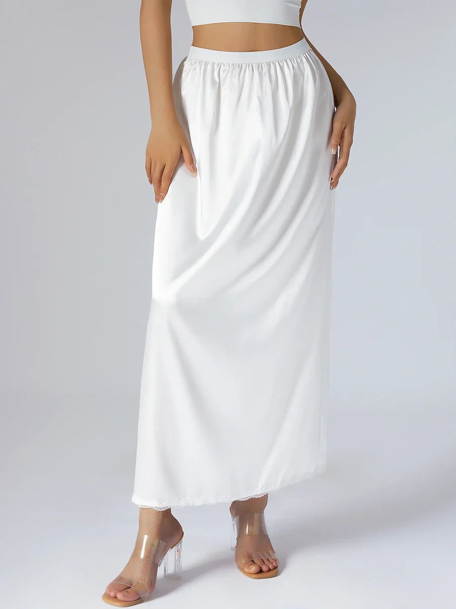 Women's Solid Color Skirts Elastic Waist Satin Underskirt Lace Trim Skirt for Under Dresses Black/White