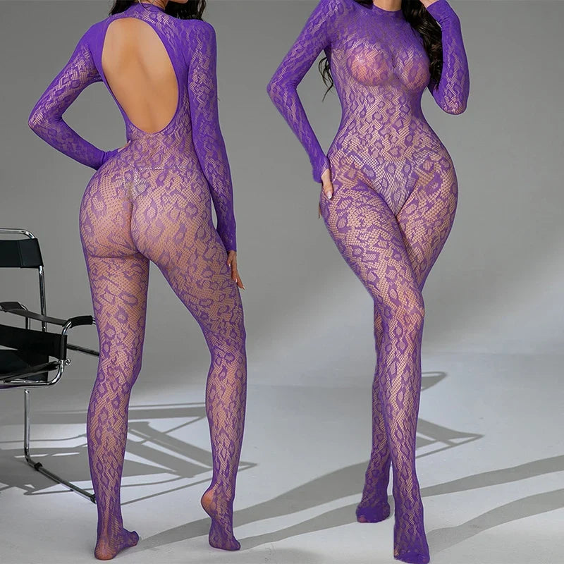 New Erotic Fishnet Bodystocking Purple Temptation Pajamas Women's Transparent Hollow Porn Sexy Lingerie Bodysuit Exotic Costumes