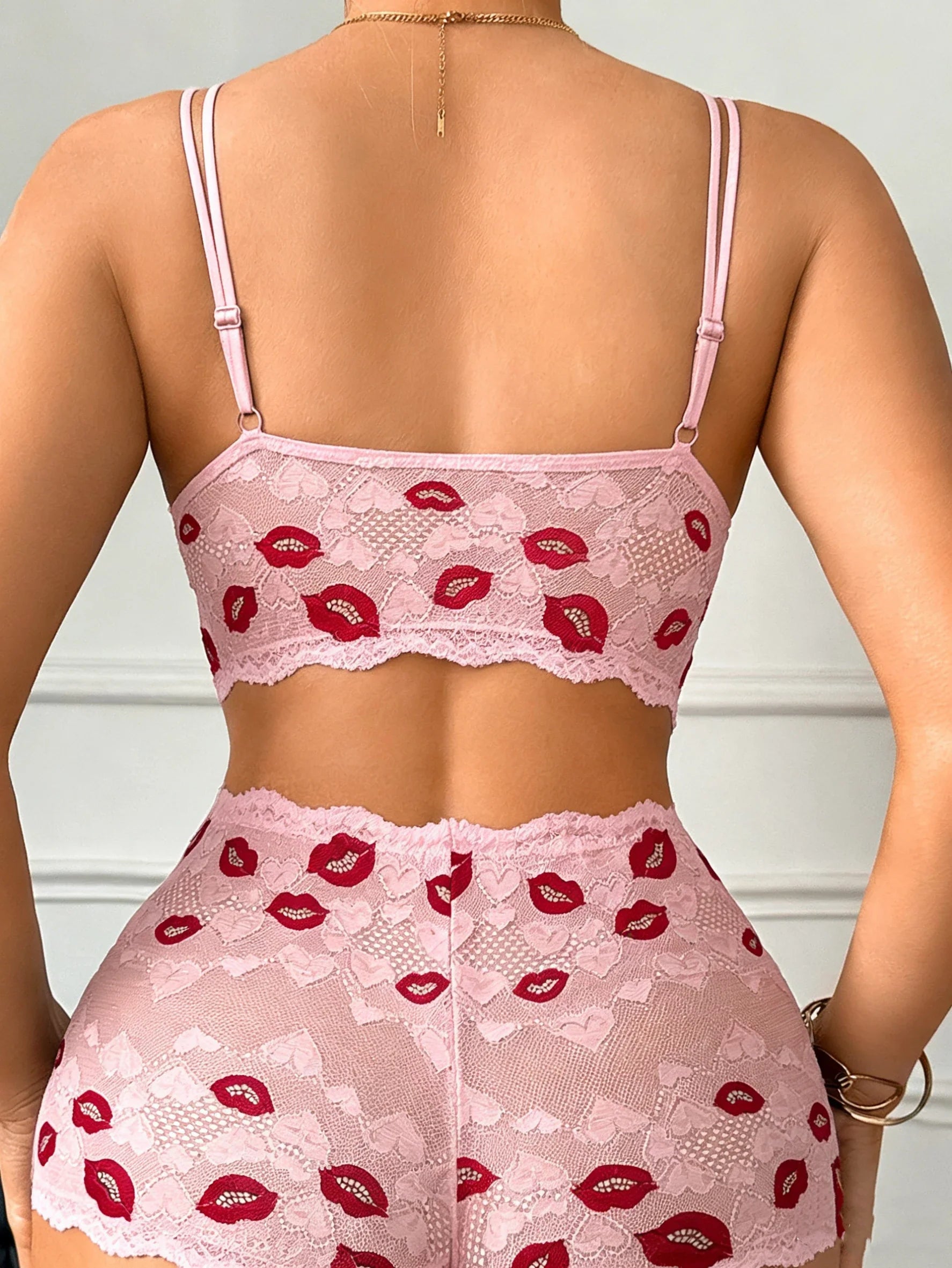 Valentine's Day Lip Print Lace sexy lingerie set with Crisscross Front ultra-thin wireless sexy bras panties