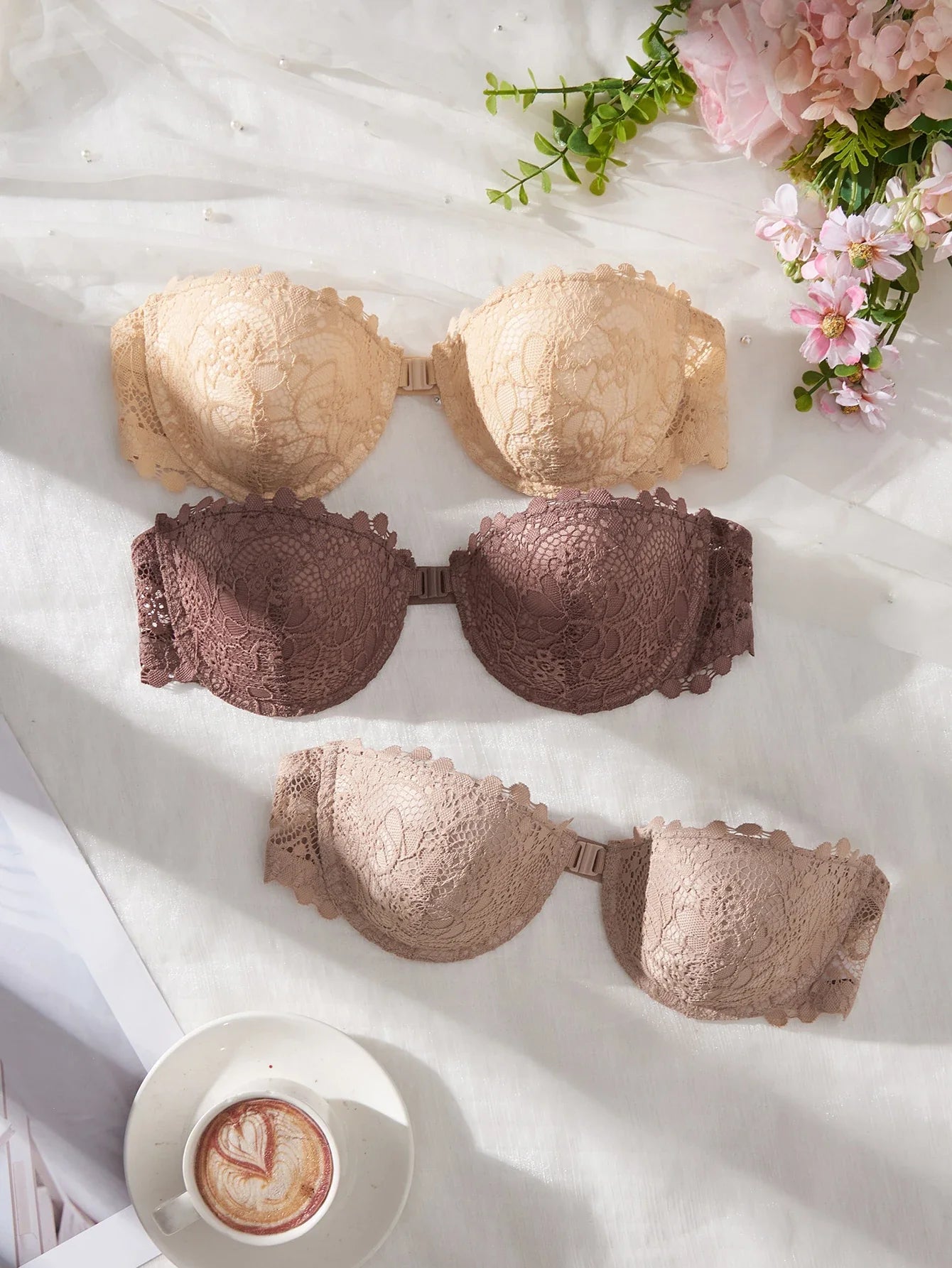 3Pcs Lace Women Strapless Bra Stylish Front Buckle Push up Bra Invisible Off-Shoulder Underwire Bras Women