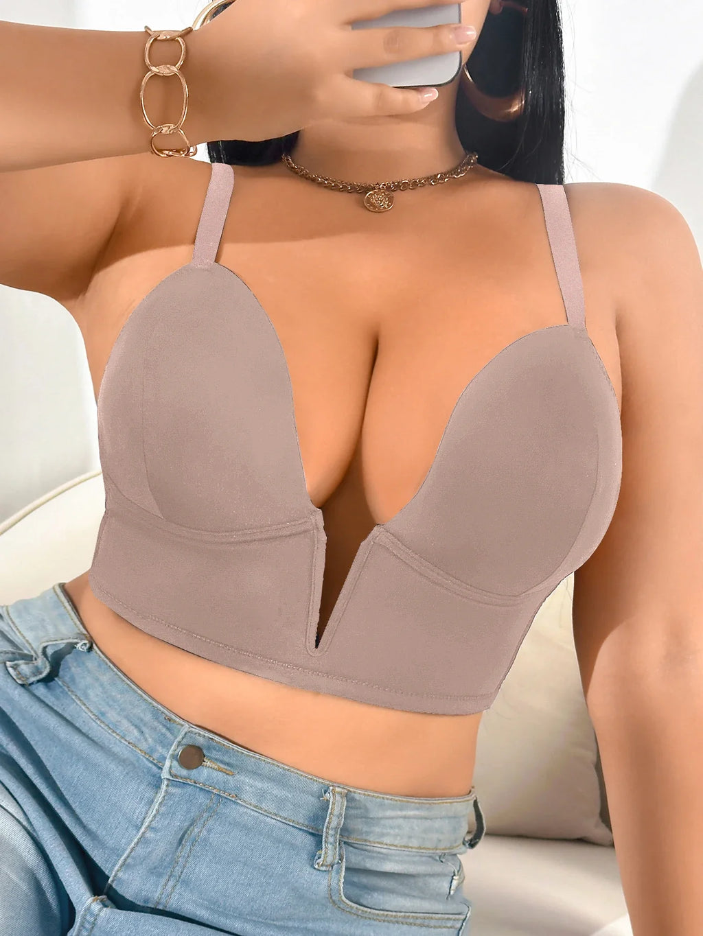 1PCS Everyday Plus Size Women's Bra Deep V Push up Bra Cross Strap Comfortable Thin Cup Underwire Bralette Underwear Shapewear
