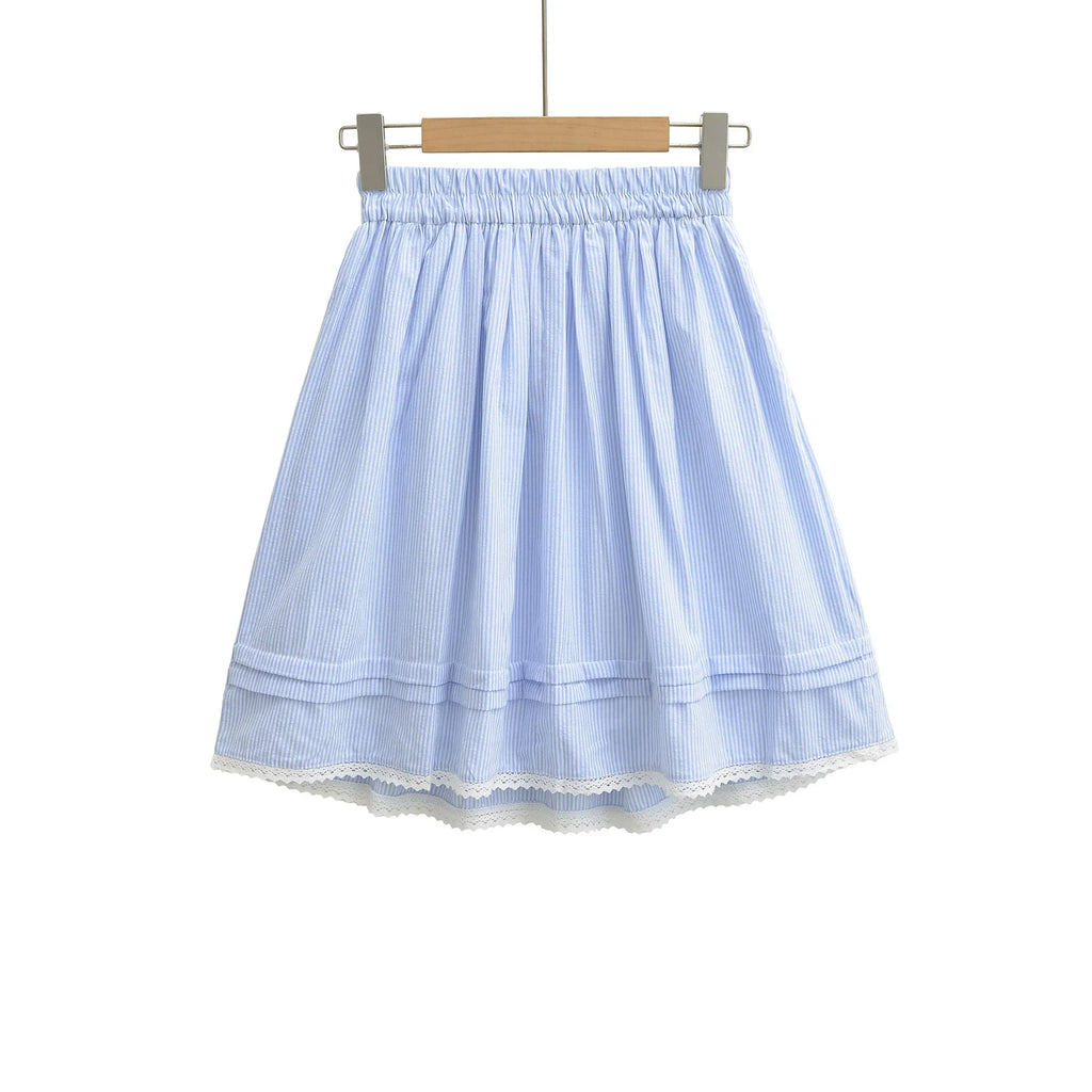 Spring French Style Fresh Slimming Blue Striped Lace Trimmed High Waist A-Line Short Skirt Half Skirt For Woman Casual HMJ9