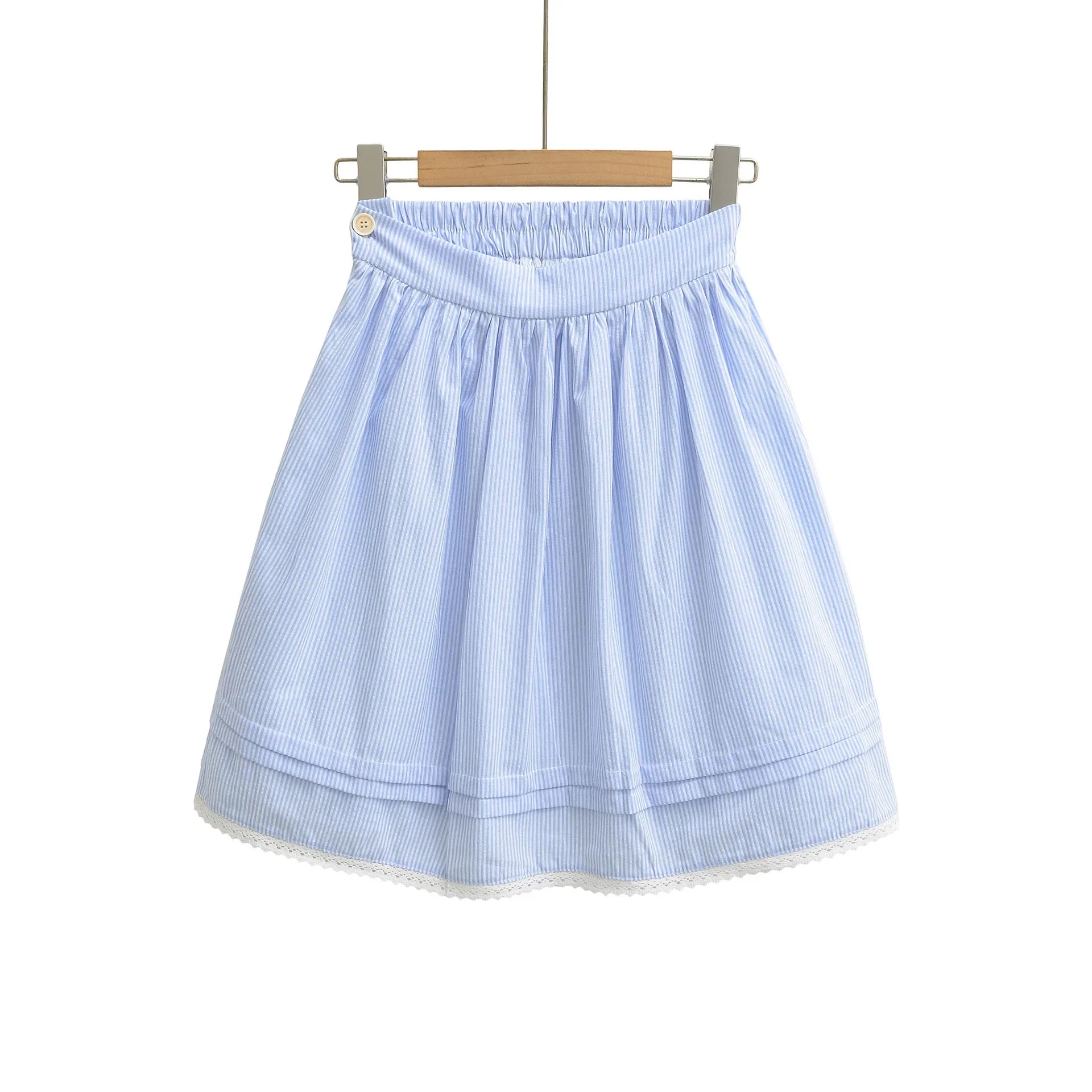Spring French Style Fresh Slimming Blue Striped Lace Trimmed High Waist A-Line Short Skirt Half Skirt For Woman Casual HMJ9