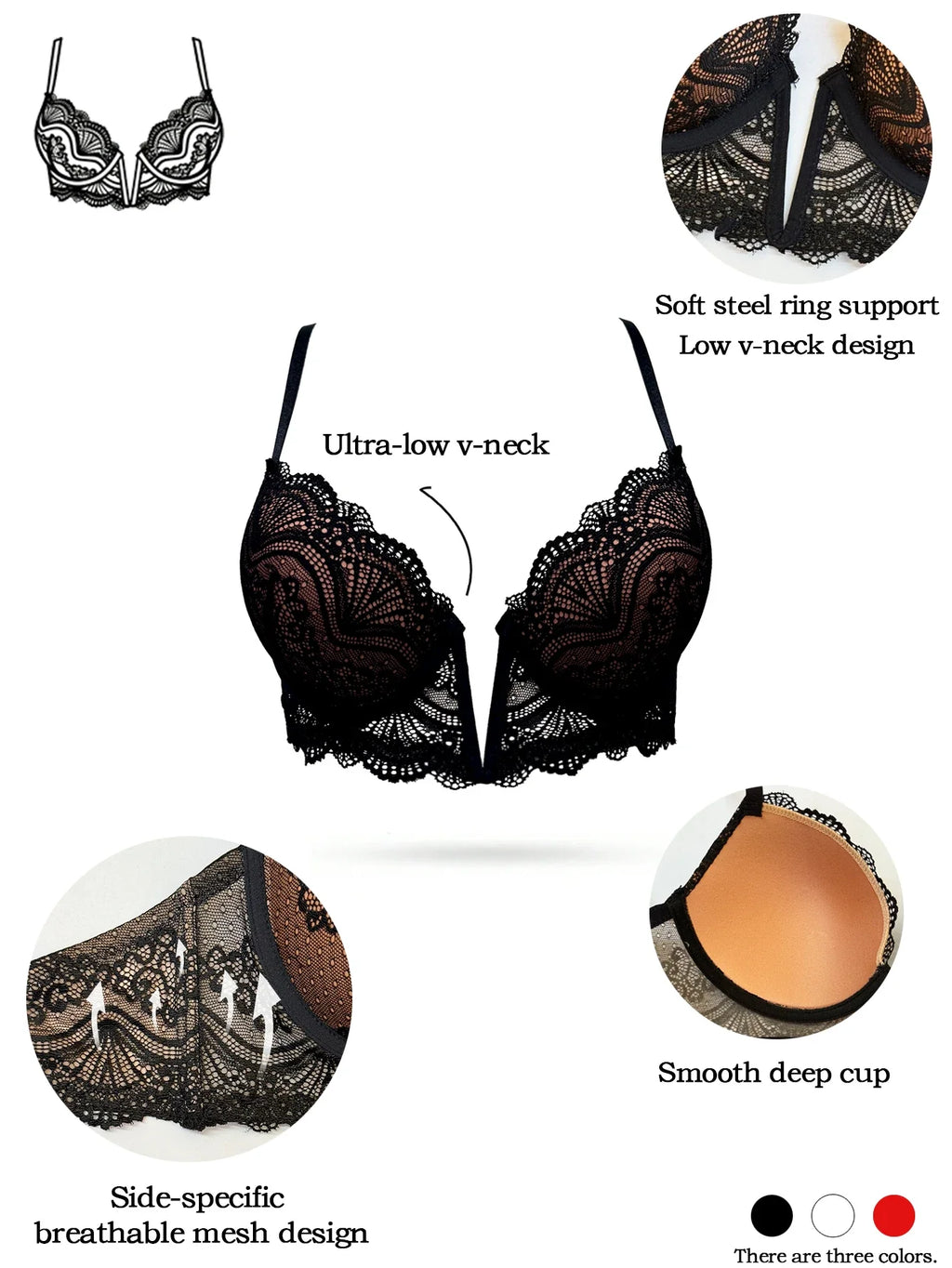 French Women's Lace Trim Bra Sexy Plunge Push Up Underwire Bra Chic & Elegant Ladies Lingerie Underwear