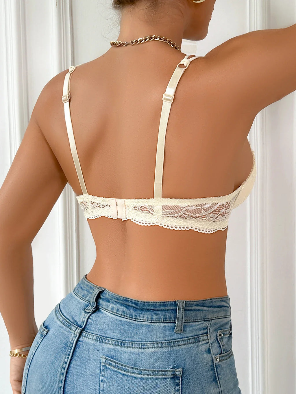 1Pcs Women's Lace Trim Splicing Sexy Bras Double Straps Bow Push up Bra Lace Back Women's Bra