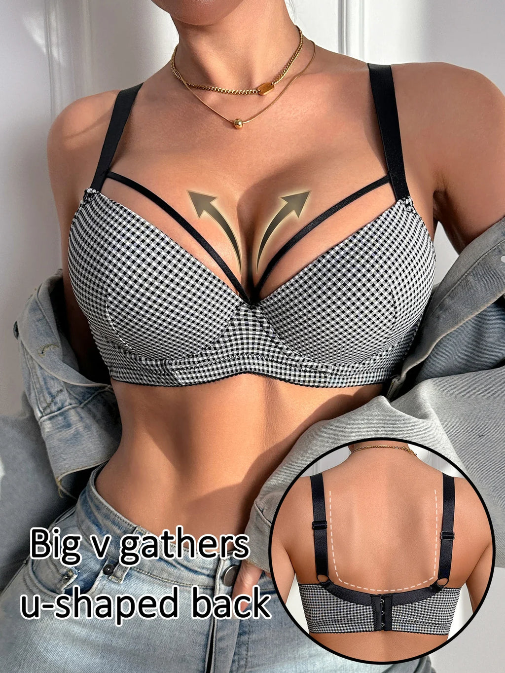 Women's Gingham Push Up Bra Plunge Underwire Underwear Sexy Crisscross Lift Up Comfortable Bra for Daily Wear