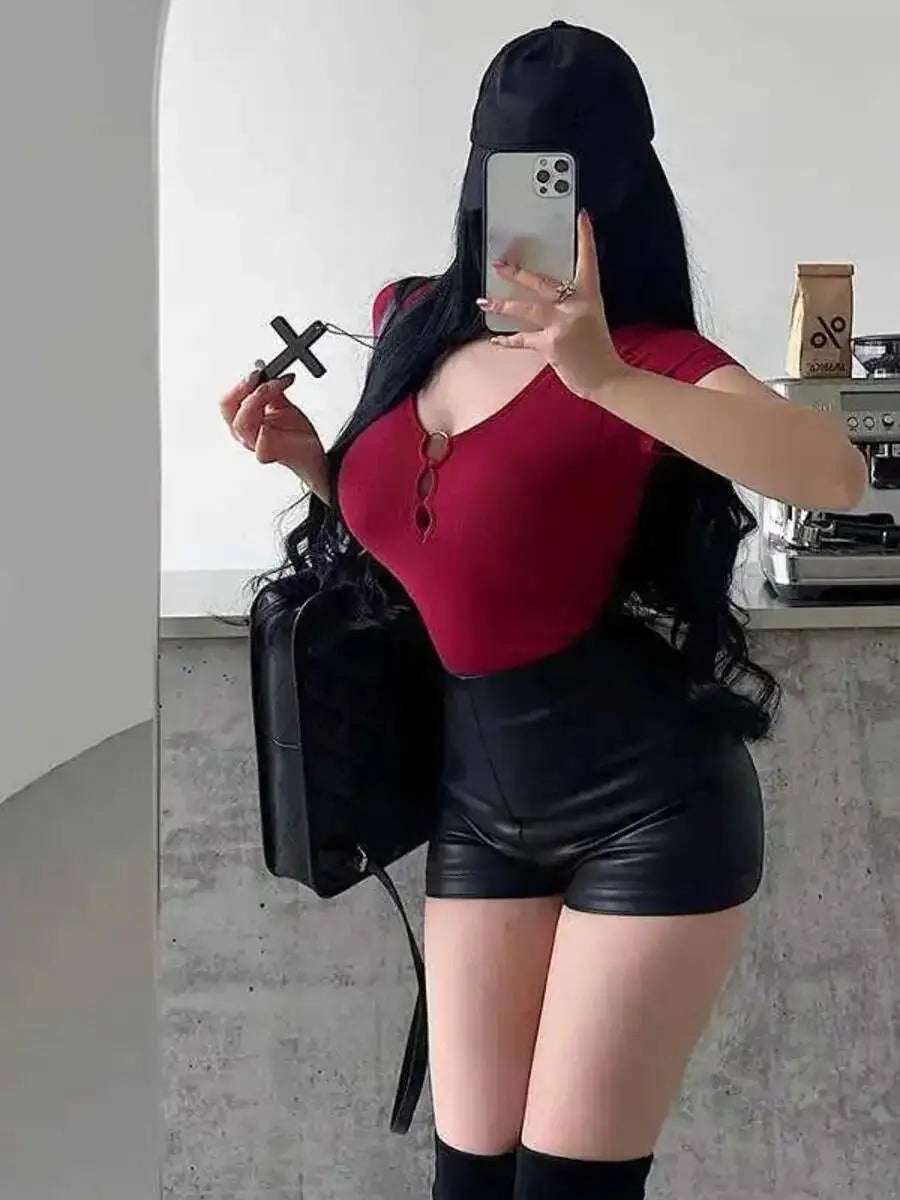 Hot Girl Sexy Hollow V-neck Tight Look Slimming Chest Cushion Short Sleeve Jumpsuit T-shirt Top Body Suits Fashion Women 256M