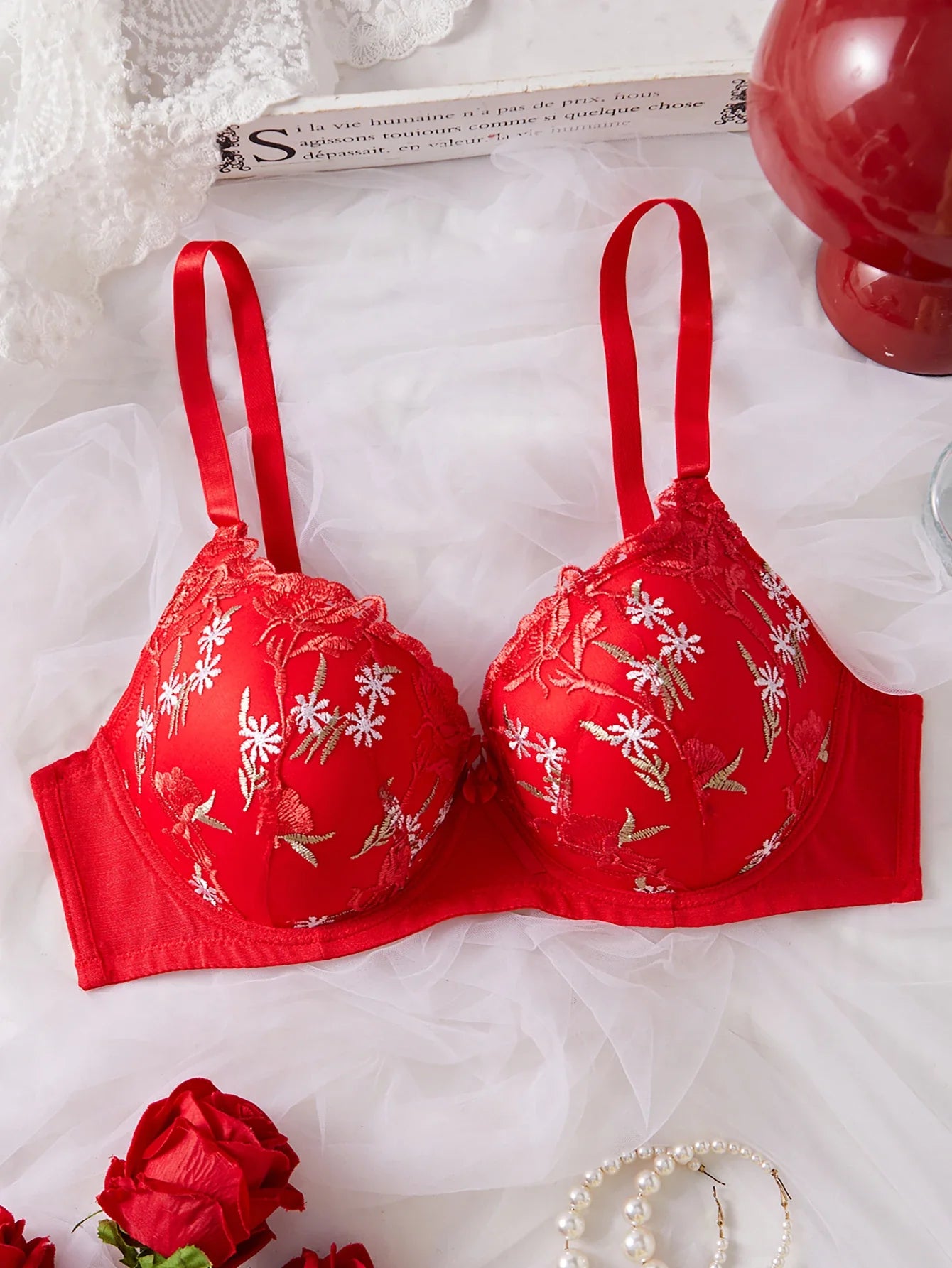 Fallsweet C D Cup Push up Bra for Women Wide Shoulder Straps Embroidered Floral Bow Plus Size Bras Comfort Underwear Lingerie
