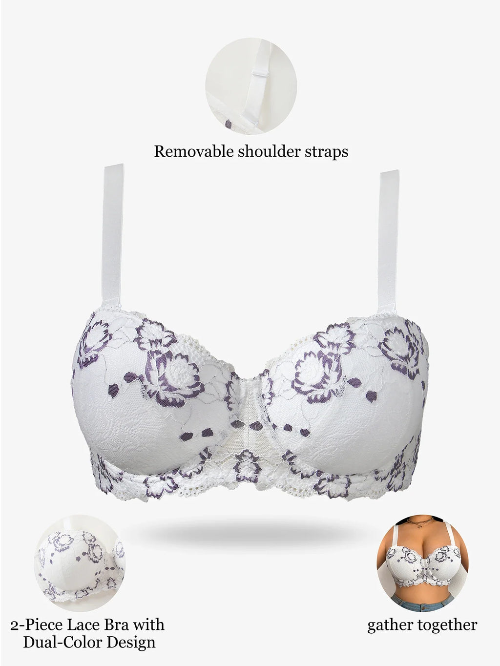 Daily Wide Strap Plus Size Women Bra Lace & Embroidery Push up Bra Comfort Thin Cup Underwire Support Lingerie Bra