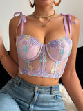 1/2 Cup Women's Lace Spliced Embroidery Floral Sexy Bras Sheer Mesh Corset Top with Tie Straps Women's Bra