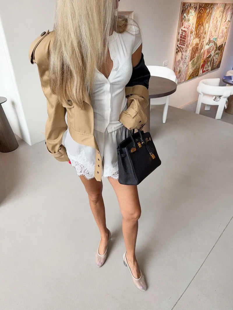 Trendix High Waist Satin Shorts Women's Summer Loose Casual Party Short Pants 2026 Holiday Solid Patchwork Lace Shorts Femme