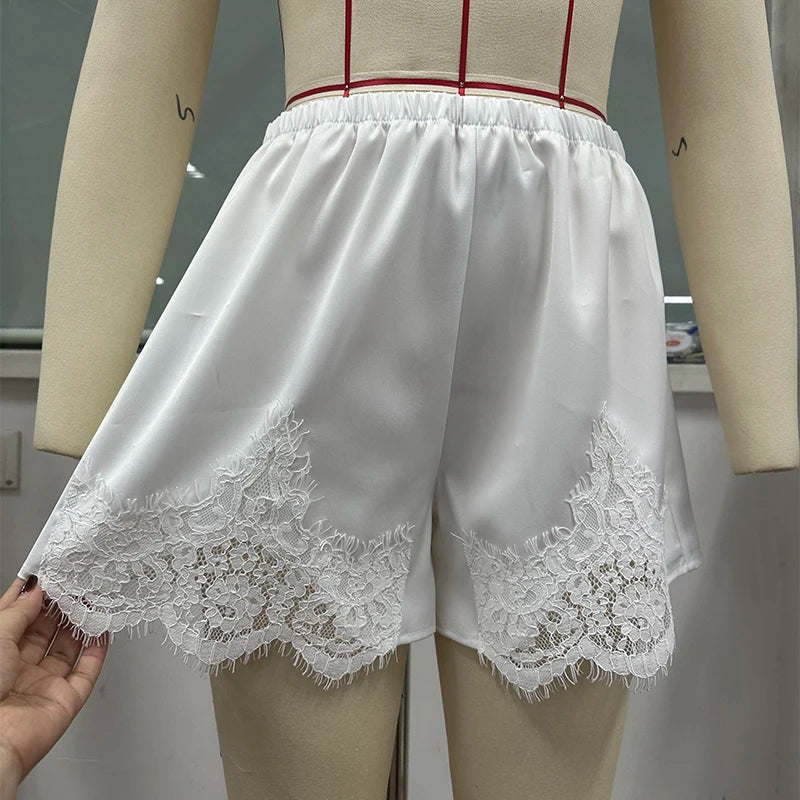Trendix High Waist Satin Shorts Women's Summer Loose Casual Party Short Pants 2026 Holiday Solid Patchwork Lace Shorts Femme