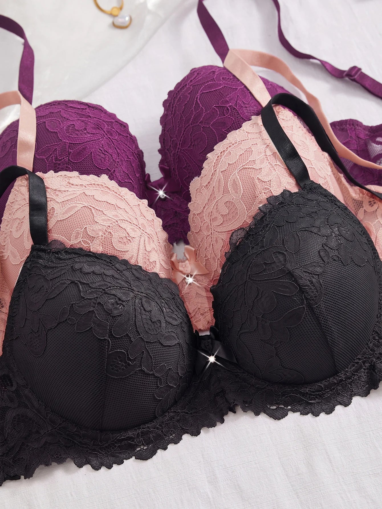3PCS Lace Trim Women's underwear set Underwire Push up Bra for Women Bow & Rhinestone Comfort Daily Lingerie Set A B C Cup
