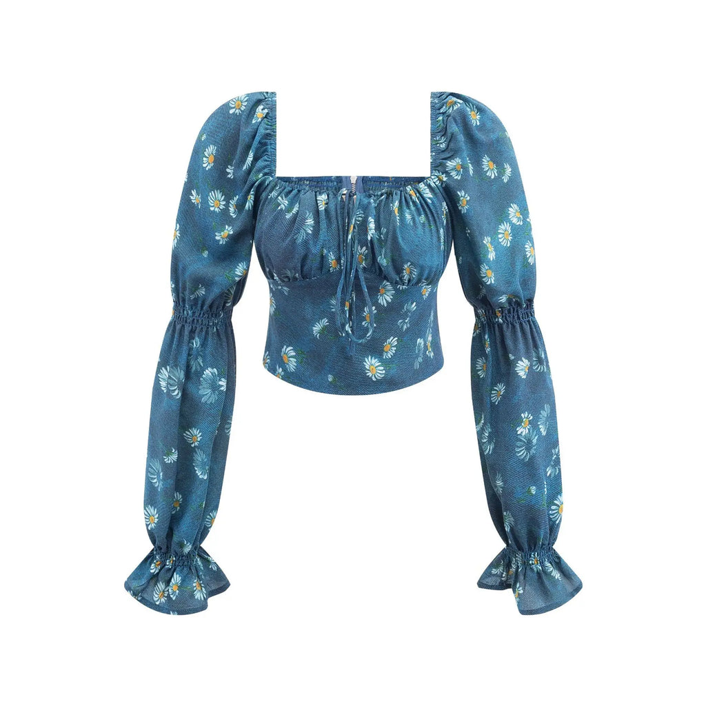 Teal Daisy Print Crop Blouse For Women Square Neck Sheer Puff Sleeves Ruffled Cuffs For Summer Evenings Garden Romantic RIOL