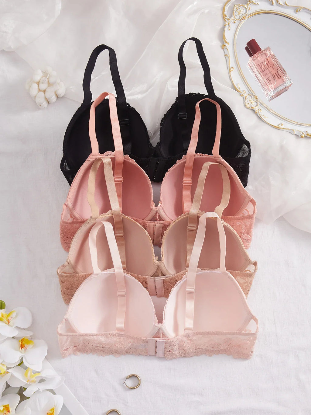 4Pcs Daily Plus Size Floral Lace Women's Underwear Set Thin Cup Push up Bra Wide Strap Underwire Side Support Women Lingerie Bra