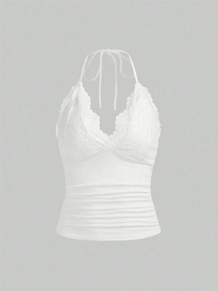 Lace V-neck Halter Top Women Summer Sexy Grunge Punk Goth Backless Ruched Crop Top Cami Top Streetwear Y2K Clothes 2024