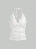 Lace V-neck Halter Top Women Summer Sexy Grunge Punk Goth Backless Ruched Crop Top Cami Top Streetwear Y2K Clothes 2024