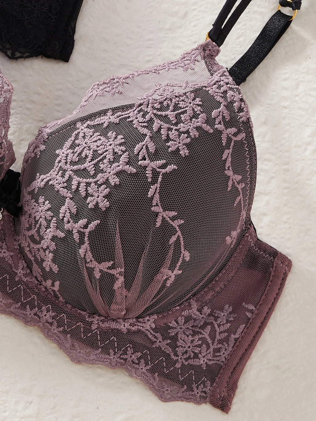 3PCS Sexy Floral Lace Women's Underwear Set Bow Push up Bra Supportive and Comfortable Unpadded Female Lace Bra