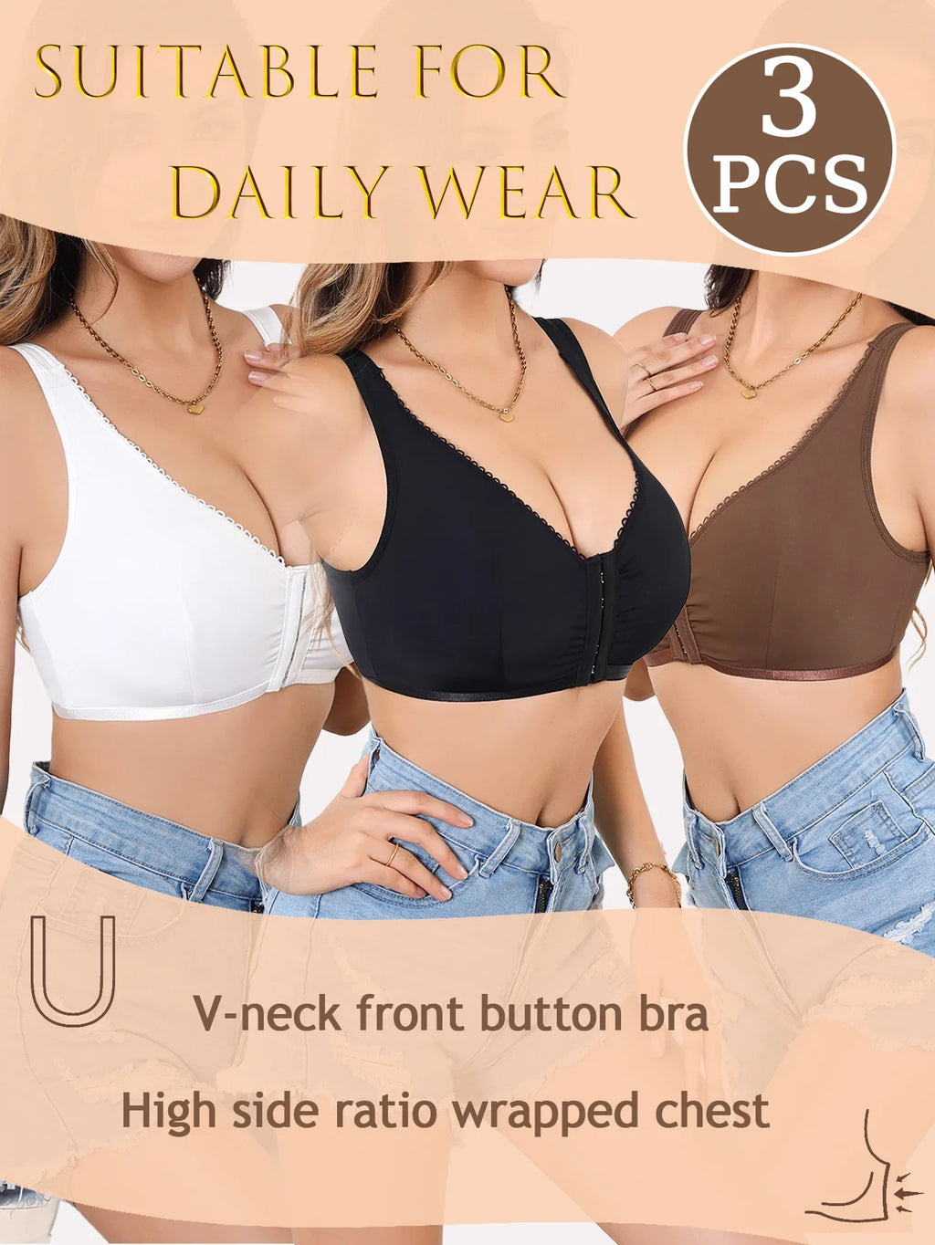 3Pcs/Set Summer Solid Wireless Women's Bra Bralette Front Clasp Push up Bra Comfort Unpadded Bras