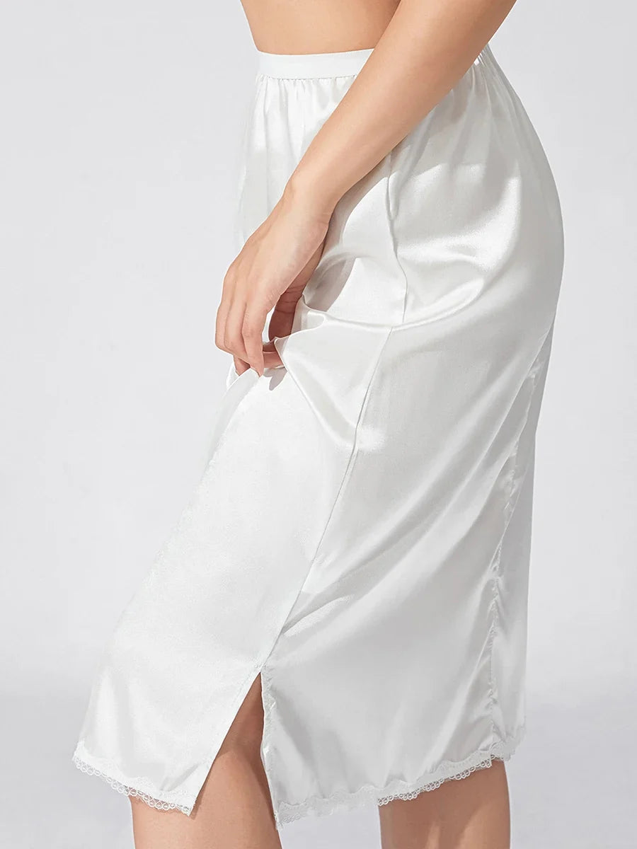 Women's Solid Color Skirts Elastic Waist Satin Underskirt Lace Trim Skirt for Under Dresses Black/White
