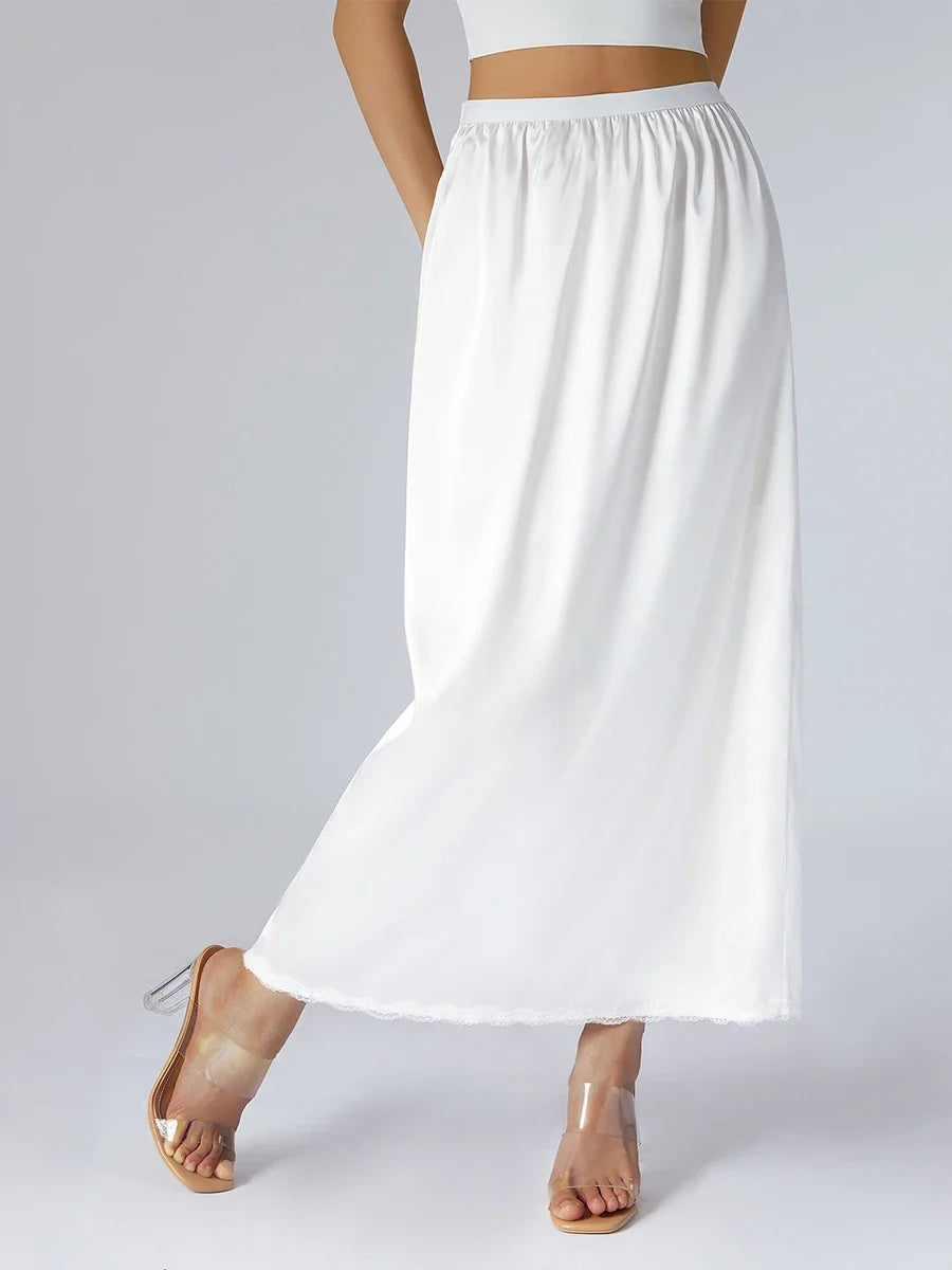 Women's Solid Color Skirts Elastic Waist Satin Underskirt Lace Trim Skirt for Under Dresses Black/White