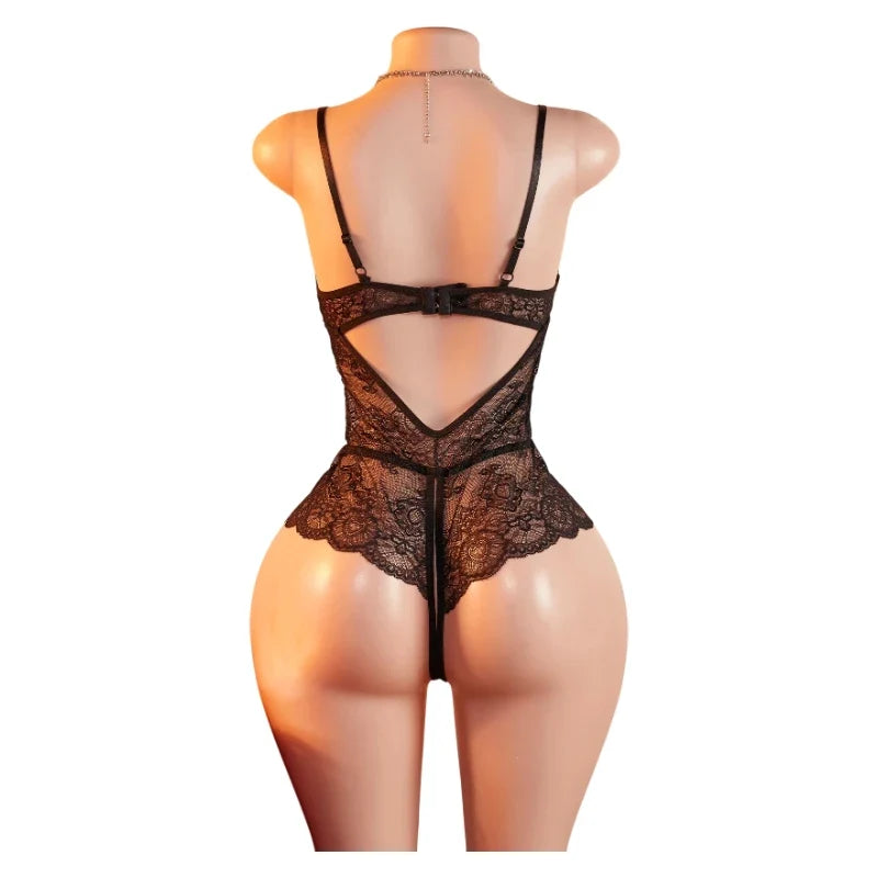 Transparent Bodysuits Lingerie Women Lace Hollow Bra Set Adult Erotic Costume Baby Doll Dress Deep V Open Bra Thin Underwear Set