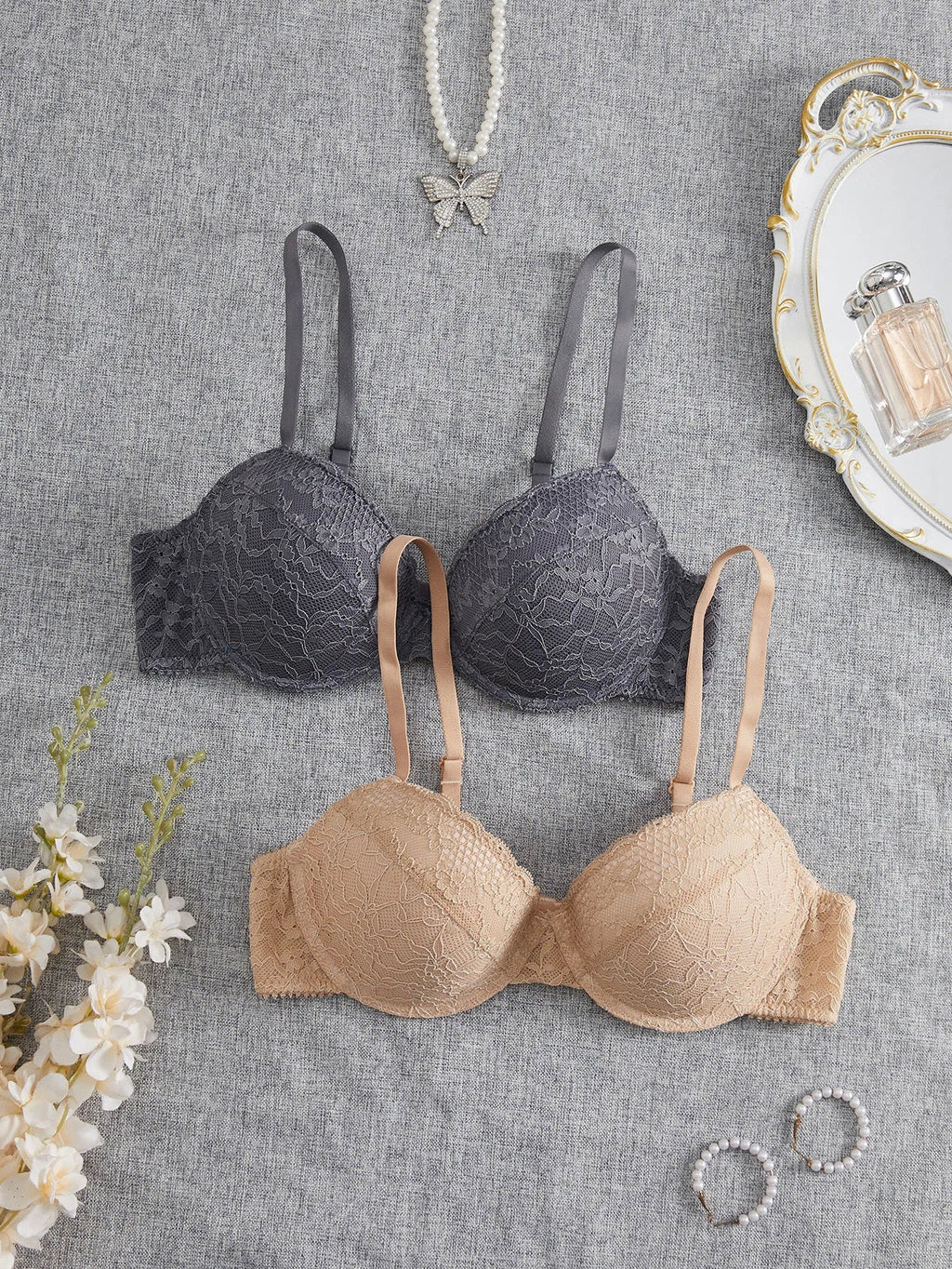 2Pcs Sexy Lace Bra for Women Floral Brassiere Push Up Bra Breathable Thin Underwire Underwear
