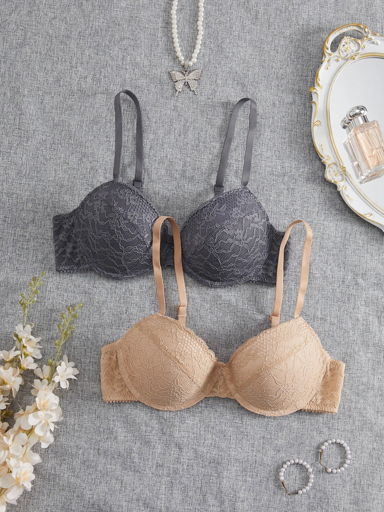 2Pcs Sexy Lace Bra for Women Floral Brassiere Push Up Bra Breathable Thin Underwire Underwear
