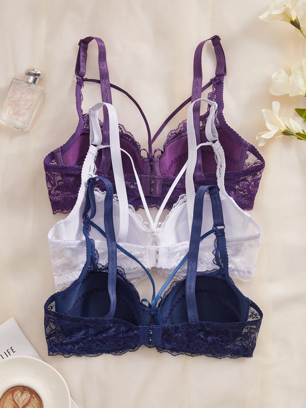 3PCS Lace Women's Underwear Set Sexy Mesh Lace Push-Up Bra Stylish Comfy Underwire Lingerie Bra for Women