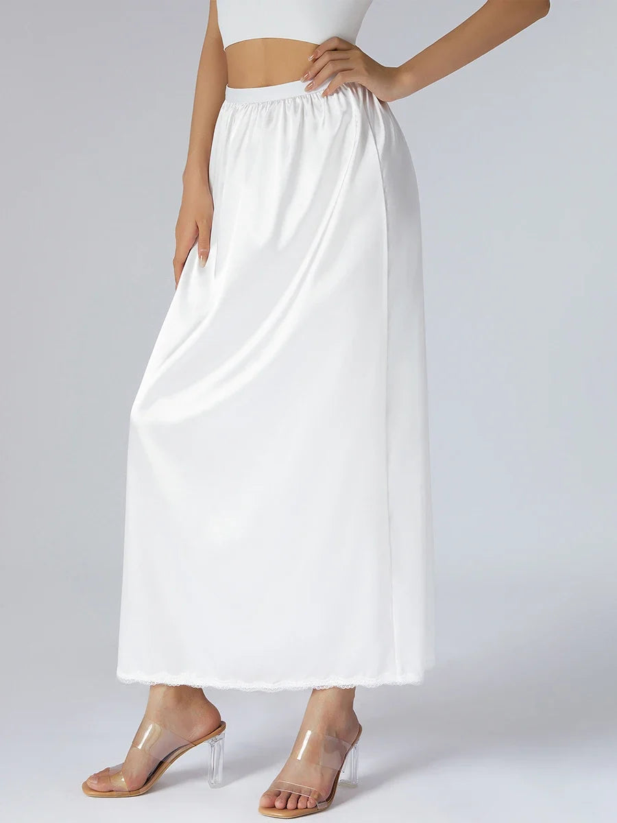 Women's Solid Color Skirts Elastic Waist Satin Underskirt Lace Trim Skirt for Under Dresses Black/White