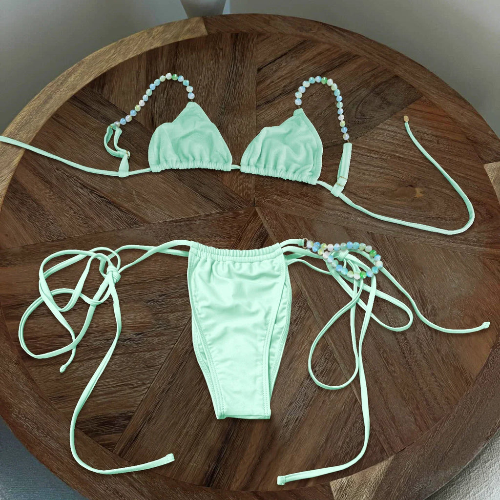 Beads Bikini 2025 Sexy Women Swimsuit Female Swimwear Micro Bikini Set Bandeau Swimming Suit Beachwear Pink Brazilian Biquini