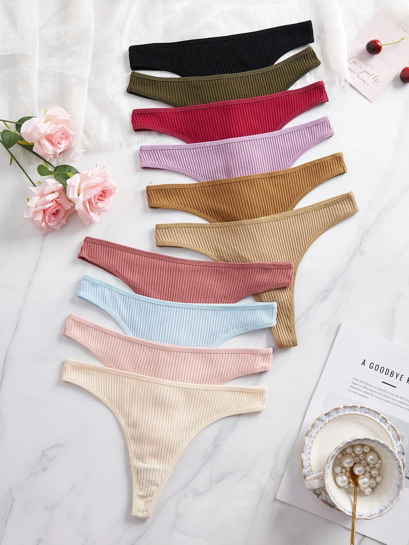 10Pcs Ribbed Women's Panties Everyday Basic Solid Thongs Comfortable Knit Women's Underwear